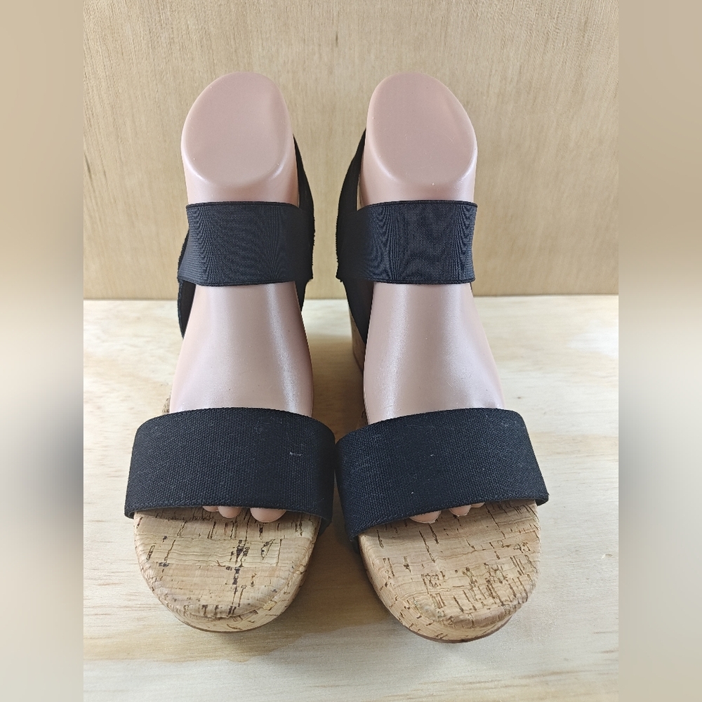 Lucky Brand Platform Sandal Womens Size 8.5M  Malliah Cork Wedge Black Open Toe